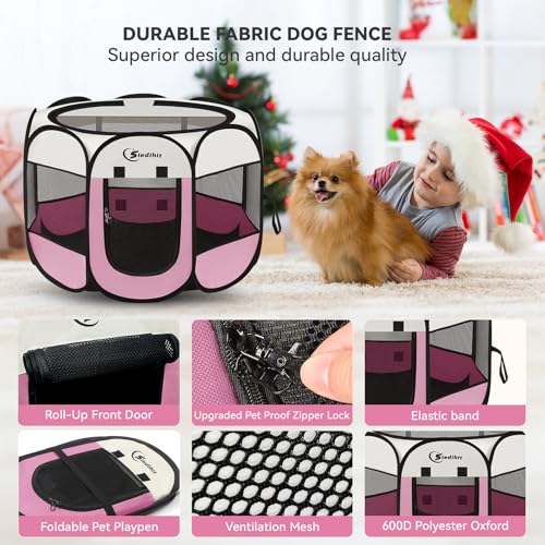 Image of Siedihit Pink Puppy Playpen for Middle Dog Cat, Dog Tent Crates Cage Indoor /Outdoor, Portable Pop Up Dog Kennel with Carrying Bag for Rabbits, (Pink, Medium)