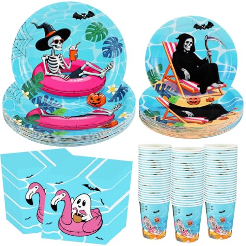 Vesici 100 Pcs Summer Halloween Party Plates and Napkins Set Serve 25 Summer Halloween Disposable Party Tableware Decorations Hawaii Skeleton Dinnerware Set for Tropical Beach Birthday