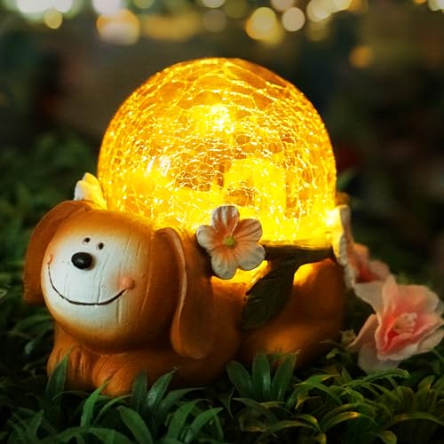 SunKite Puppy Dog Outdoor Statues Solar Garden Lights Resin Animal Figurine Garden Decorations for Patio Yard Lawn Ornament Housewarming Birthday Gift for Mom