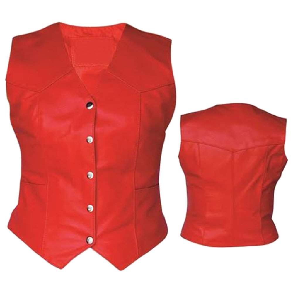 Women Ladies Real Red Sheep Lamb Leather Vest Biker Motorcycle Waistcoat Vest