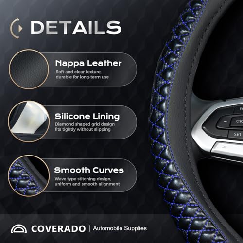 Image of Coverado Car Steering Wheel Cover, Nappa Leather Black & Blueline Steering Wheel Covers, Universal 14-15 inch, Anti-Slip, Breathable Steering Wheel Protector for Women Men