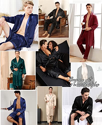 Swomog Men'S 3 Piece Satin Robe Sily Kimono Belted Bathrobe Lightweight Sleepwear Pajamas Set thumb #3