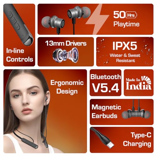 Image of pTron Tangentbeat V2 w / 50Hrs Playtime, Pristine Sound, Dual-Device Pairing, Bluetooth 5.4 Wireless In-Ear Earphones with Mic, Hall Switch Feature, Magnetic Earbuds, Type-C Fast Charging & IPX5(Black)