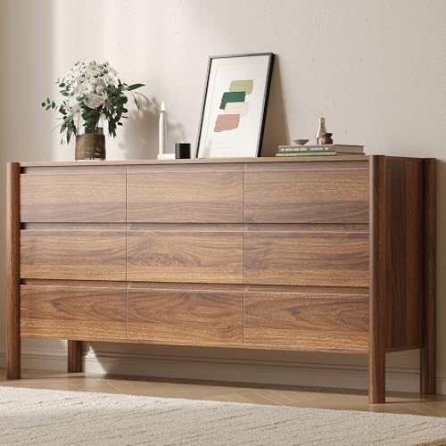 CHUWELL Dresser for Bedroom, 63' Wide Mid Century Modern Chest of Drawers with 9 Large Storage Space and 4 Solid Wood Cylindrical Legs, 9 Drawer Large Dresser for Bedroom(Walnut)