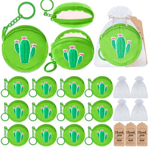 36 Pack Cactus Change Purses Set Include 12 Wallets with Keyring, 12 Thank You Tags and 12 Organza Bags for Cactus Tropical Mexican Western Desert Hawaiian Summer Party Decoration,Green