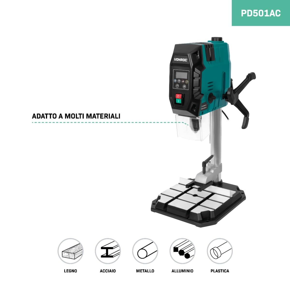 VONROC Trapano a colonna 900W - Con pannello di controllo digitale e display LCD | Accessori inclusi