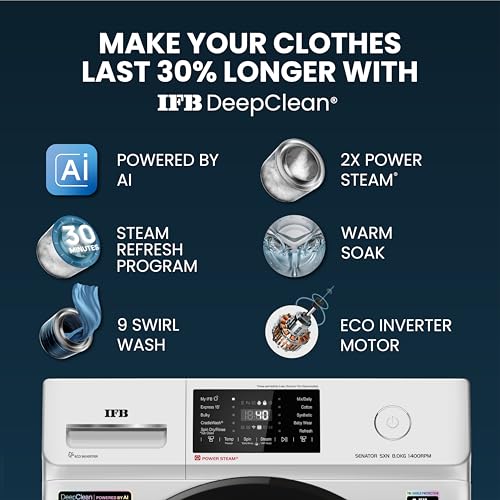 Image of IFB 8 Kg 5 Star, DeepClean Technology, AI Powered, WiFi, Fully Automatic Front Load Washing Machine (SENATOR SXN 8014, PowerSteam, 9 Swirl, Steam Refresh, Inbuilt Heater, Eco Inverter, Rich Silver)
