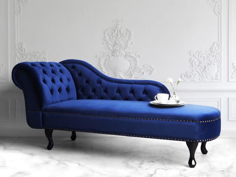 Image of Velvet Modern Chesterfield Chaise Lounge Couch 166 X 63 X 76 for Your Loving Space (Blue, Left Arm)