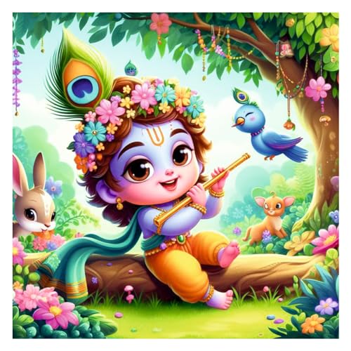 Image of Akki World Bal Krishna With Tree Basuri God Wall Poster For Pooja Room, Office, Bedroom (Size- 46Cm X 46Cm)