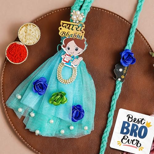 Image of eCraftIndia Pyari Bhabhi Doll Designer Rakhis for Brother and Bhabhi | Bhaiya Bhabhi Rakhi Set of 2 | Lumba Rakhi for Bhabhi | Best Bro Ever Fridge Magnet | Roli Chawal Pack