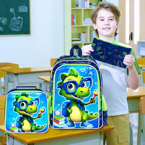 Image of HPJGD 3PCS Boys Dinosaur Backpack, Water Resistant Kids Bookbag Set with Lunch Box, Cool School Bag for Preschool Toddler - Glasses Dinosaur