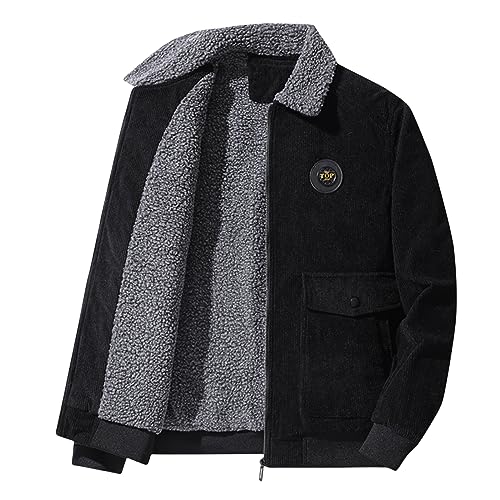 Mens Corduroy Lamb Wool Jacket Sherpa Fleece Lined Button Down Outwear Thick Casual Lapel Coat with Pockets for Fall Winter