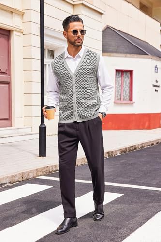 Runcati Mens Sleeveless Sweater Vest V Neck Button Down Cardigan Sweaters Knitted Argyle Vest with Pocket4
