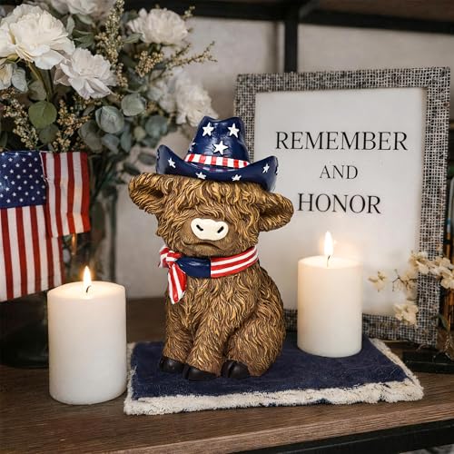 TISEJOY 8' Patriotic Decorations Highland Cow Statue for Memorial Day Decorations, Highland Cow Decor,4th of July Decorations for Home Decor, Stars and Stripes Highland Cow Figurines for Desk Garden