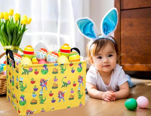 Image of Rectangle Empty Easter Baskets Boy Large Toy Storage Bin Girls collapsible Hamper Waterproof Canvas Box Kid Gifts Spring Decor( Sunglasses Dinosaur Egg )