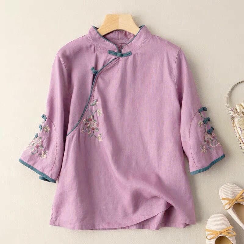 Women's Chinese Style Retro Cotton Linen Blouse Spring Summer Collar Frog Button Embroidered Tea Outfit Top