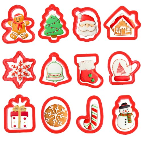 Orapink 12 Pieces Christmas Cookie Cutters,Plastic Cookie Cutter Set,Holiday Cookie Biscuit Cutter Set - Christmas Tree,Gingerbread Man,Santa Claus,Snowflakes For Baking