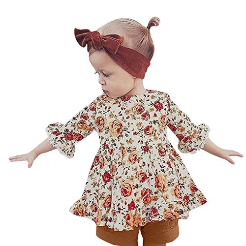 1-4 Años,SO-buts Bebés Para Niñas Pequeñas Ruffles De Tres Cuartos Vestido Estampado Floral Tops + Conjunto De Pantalones Cortos De Color Sólido, Conjunto De Niña Tropical (Blanco,18-24 meses)