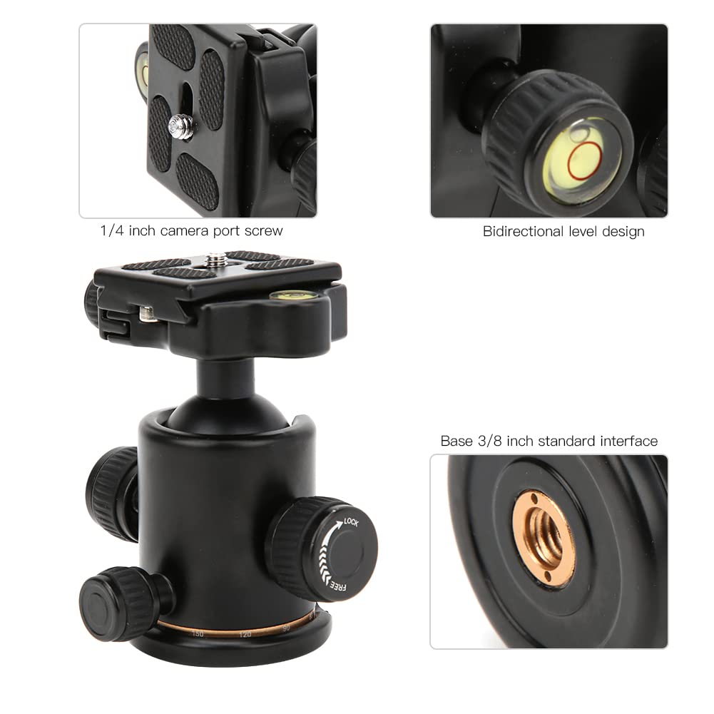 BK - 03 Testa a sfera in lega di alluminio, Testa a sfera universale per treppiede con livella, Regolazione orizzontale a 360 gradi e Piastra a sgancio rapido, Manopola regolabile