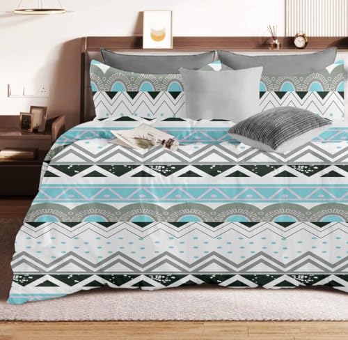 Image of DECOR2ADMIRE 300TC Premium Glace Cotton Printed Super King Size Double Bedsheet with Two Pillow Covers, 108 * 108 Inches or 9ft by 9ft or 275 cm x 275 cm (Teal White Zigzag)