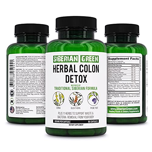 Siberian Green Herbal Colon Detox with Senna Buckthorn Prune Fruit 90 Capsules â€“ Traditional Siberian Formula 14 Herbs & Probiotic to Cleanse Colon and Detox Body