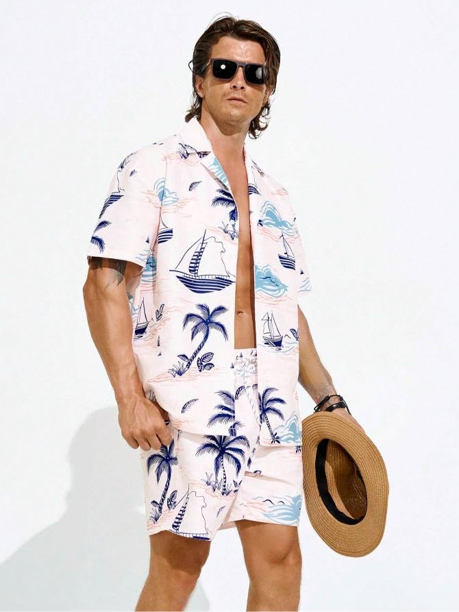 Image of GRECIILOOKS Men's Co Ord Set |Printed Shirt and Shorts Set for Men |Summer Loungewear, Beachwear & Night Suit for Daily Comfort | Nightwear Set for Mens