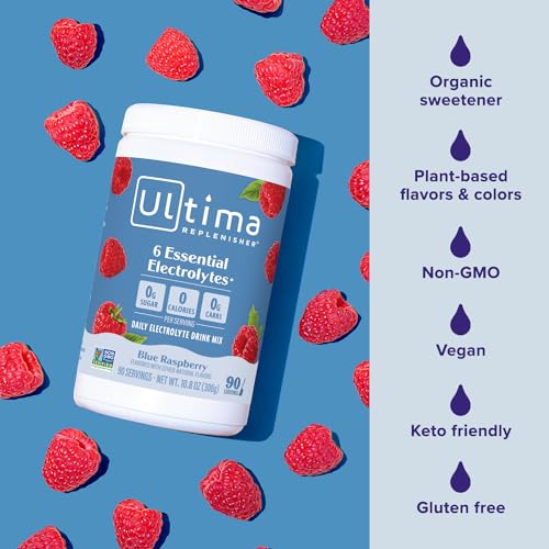 Image of Ultima Replenisher Daily Electrolyte Powder Drink Mix - Sugar Free - Blue Raspberry, 90 Servings - Hydration Powder with 6 Electrolytes and Minerals - Keto Friendly, Vegan, Non-GMO
