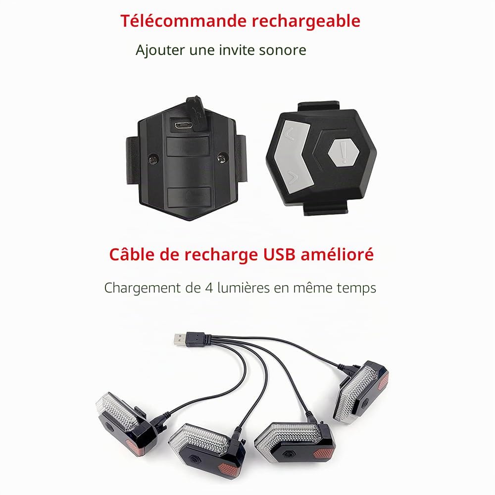 CarryBright CBX4 Clignotants avant et arrière pour vélo avec télécommande sans fil intelligente, indicateur de direction de vélo avec klaxon, blanc et rouge, étanche IPX6