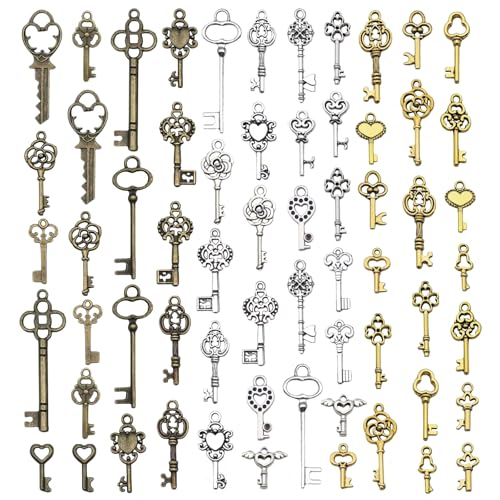 LUFFLOK 62 Stück Vintage Schlüssel Charms, Anhänger Set, Gemischte Glatte Charms für DIY Basteln Party Raum Dekor, Silber & Gold