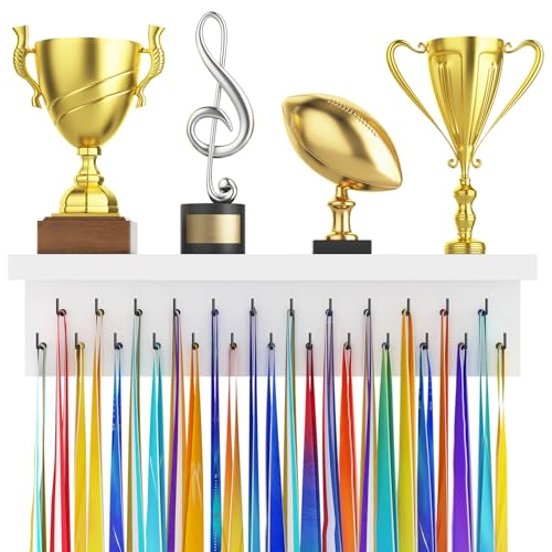 Image of Medal Hanger Display and Trophy Shelf Organizer, Wooden Wall Mount Ribbon Holder with 25 Steel Hooks, Race Awards Storage Rack Stand for Sports Enthusiasts