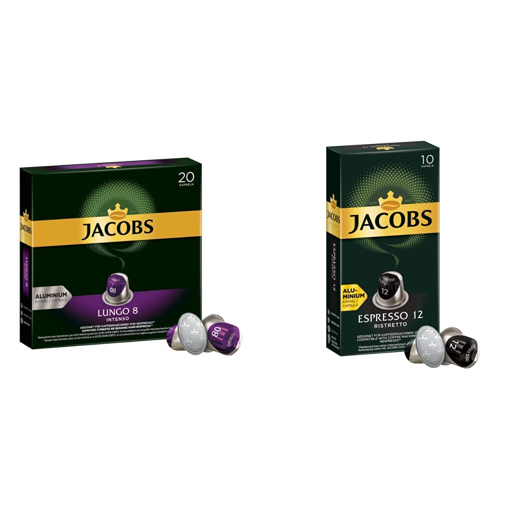 Jacobs Kaffeekapseln Lungo Intenso, Intensität 8 von 12 & Kaffeekapseln Espresso Ristretto, Intensität 12 von 12, 100 Nespresso®* kompatible Kapseln, 10er Pack,10 x 10 Getränke