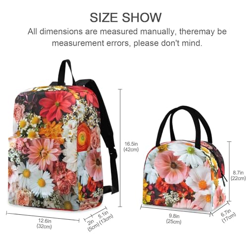 Backpack Lunch Bag Set Vibrant Flowers Print, Big Storage Travel Backpacks with Insulated Lunch Box for Office Hiking Picnic2
