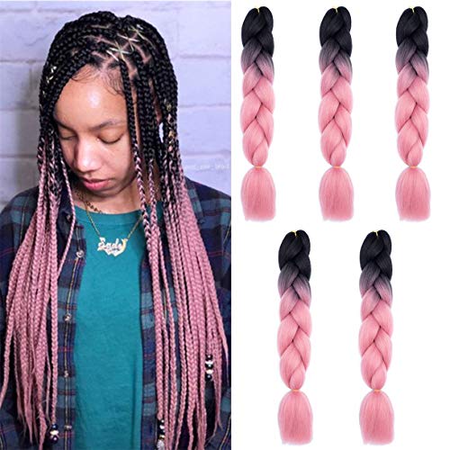 Jumbo Braiding Hair 5PCS/Lot Ombre Kanekalon Braiding Hair Extensions High Temperature Synthetic Hair 24 Inch Hair for Braiding (black-pink)
