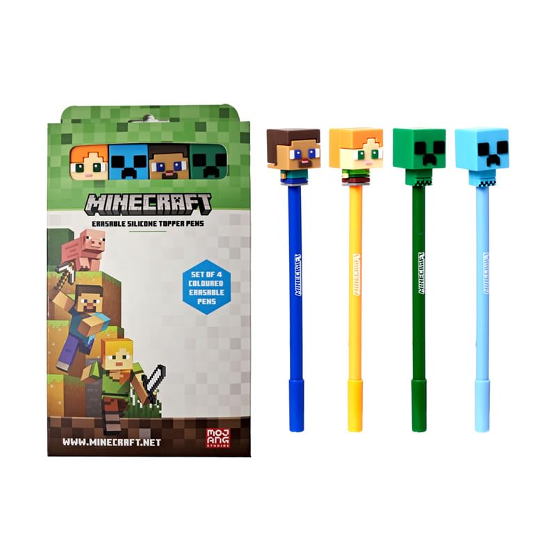 Puckator Set mit 4 löschbaren Stiften mit Minecraft-Chibi-Stil-Silikonaufsatz cooler niedlicher ästhetischer Schulbedarf löschbare Gelstifte Stift mit Radiergummi für Kinder Büro Schreiben