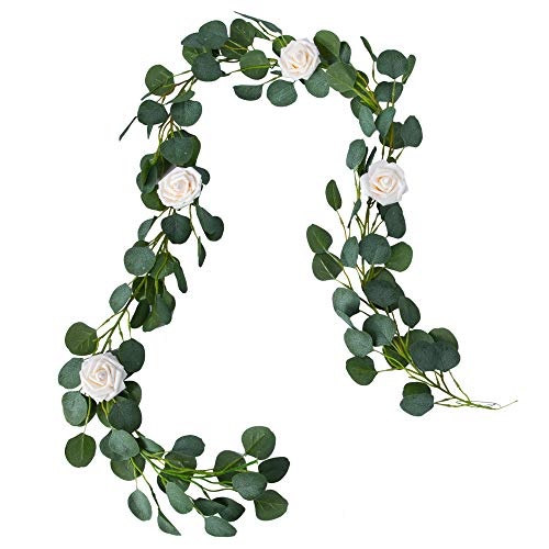 Belle Fleur Faux Eucalyptus Garland 6FT, 147Pcs Leaves with 4Pcs Rose Flowers, Garland Greenery for Wedding Backdrop Table Runner Decor