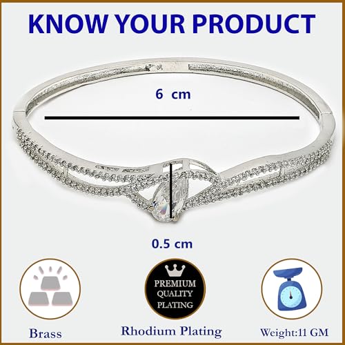 Image of ZENEME Rhodium-Plated Silver Toned American Diamond Openable Hinged Kada Bracelet for Women & Girls | CZ Studded Designer Hand Jewellery