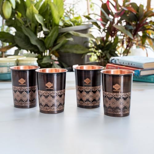 Image of INDIAN ART VILLA Copper Antique Dark Embossed Drinking Glass, Pure Copper Ayurvedic Water Tumbler for Home, Office, Restaurant Use, Traditional Drinkware Gift Item, 275 ML, Set of 4