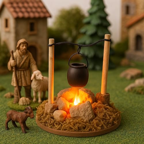 Wichtel Schlitten Holz Feuerstelle Miniatur: Handarbeit Holz-Stroh-Stein Dekoration mit LED-Flamme für Winterlandschaft und DIY-Fans