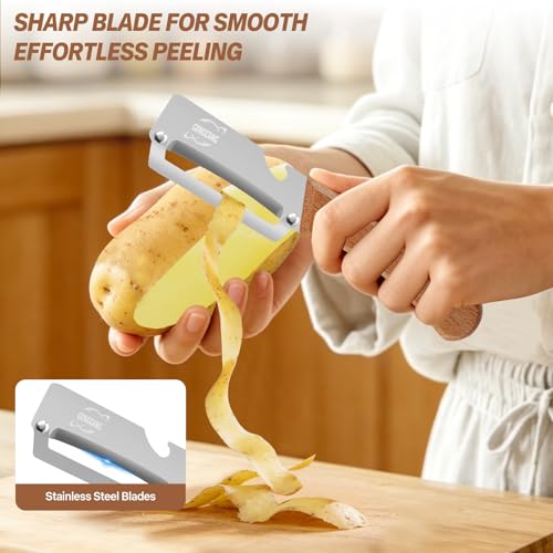 Image of MultiFunctional Vegetable Peeler, Non-Slip Wooden Handle with Sharp Stainless Steel Blade, Built-in Bottle Opener - Perfect Kitchen Peeler For Veggie, Fruit, Potato, Carrot, Apple