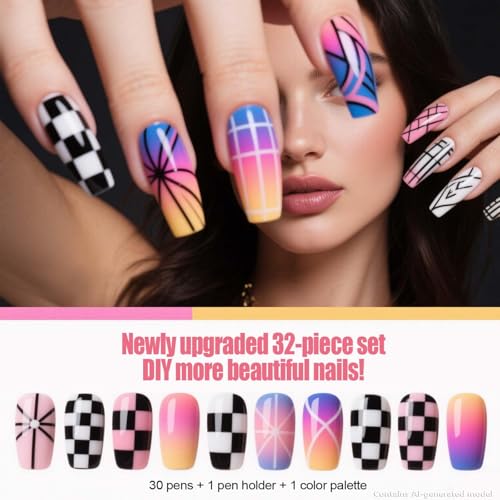 Image of Artdone 32pcs Nail Art Brushes Tools Set Dotting Tools for Gel Polish | Dust Brush,Striping Brushes for Long Lines, Drawing Pen Design supply