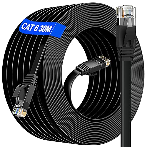 LAN Kabel 30m Cat 6 Outdoor Indoor, Netzwerkkabel 30m Flach Ethernet Kabel Hochgeschwindigkeits, 10/100/1000 Mbit/s Gigabit Cat 6 30m Patchkabel, RJ45 Wlan kabel Wasserdicht f&uuml;r Router PC(30 Clips)