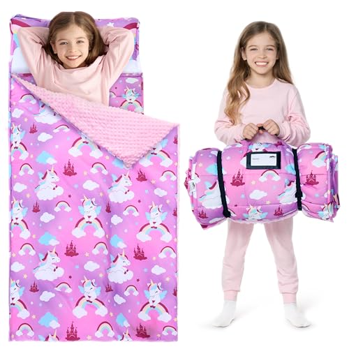 Image of JOIEDOMI Toddler Sleeping Bag for Kids 55''x30'' Nap Mat with Removable Pillow and Minky Blanket for Toddler Ages 3-7 Roll Up Soft Kids Sleeping Bag for Boys Girls Kindergarten Daycare Sleepover