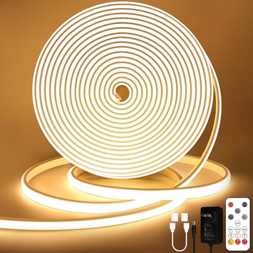 Lamomo 10M COB LEDテープライト IP65防水 高輝度 LED テープ 3000K 調光可能 電球色ネオンチューブライト リモコン付きシリコン 曲がりやすい 切断可能 間接照明/DIY装飾/インドア/寝室/キッチン/リビングルーム照明用 24V（5cm/カット）