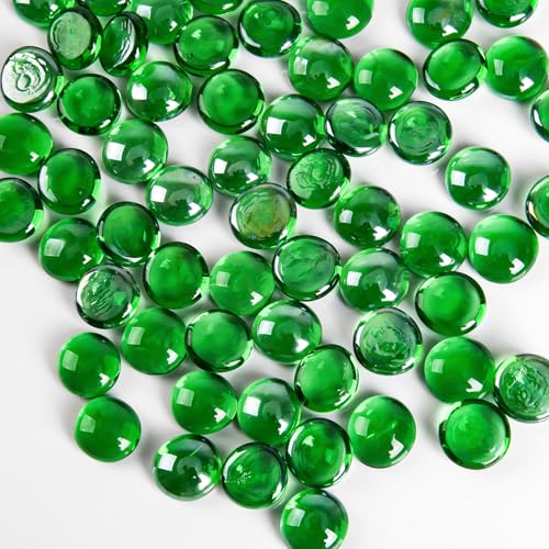 Hisredsun Ensemble de 290 galets en verre, 1,35 kg de perles plates en marbre vert, pierres de remplissage pour vase, pierres de feu en verre, galets...