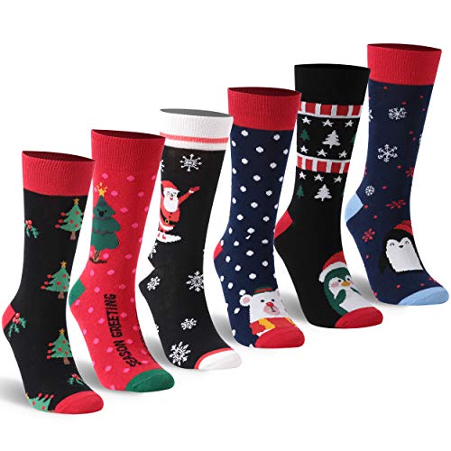 Bun Large Warm Winter Soft Slipper Socks, Christmas Socks with Non Slip Mens Womens Crew Socks Holiday Design Festive Socks Christmas Printed Socks 6 Pairs, Pattern 2