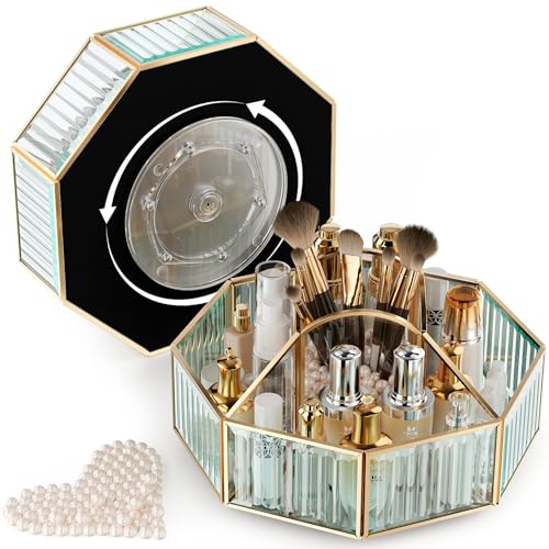 Image of CoralHouse 360 Rotating Makeup Organizer Spinning Vanity Organizer with Makeup Brush Holder for Countertop, Bathroom Storage, Skincare, Perfume & Cosmetic Organizer for Vanity