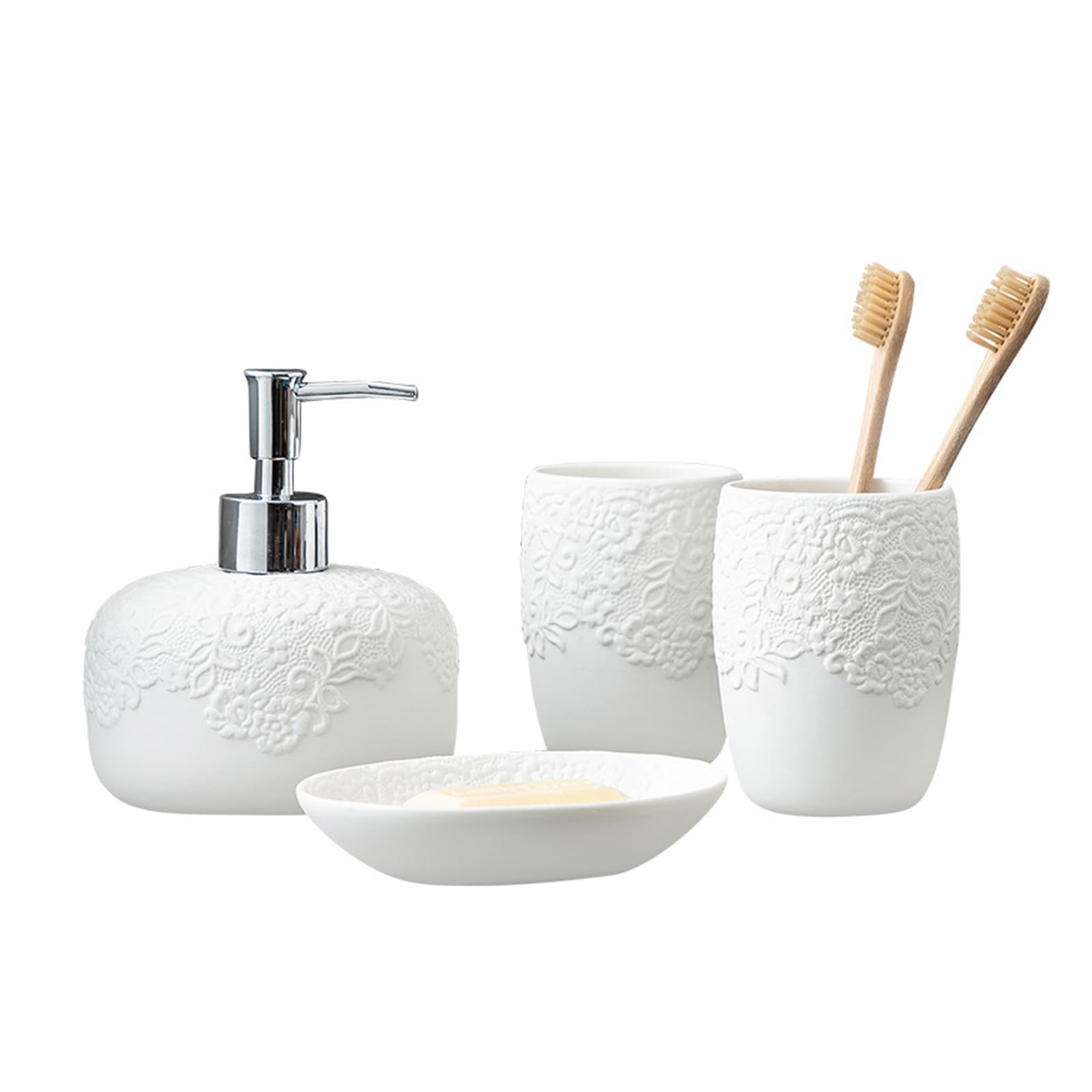 Tauzveok White soap dispenser set, ceramic bathroom accessories set, with toothbrush holder, soap dispenser, soap dish, toothbrush mug, for apartment, hotel,White E