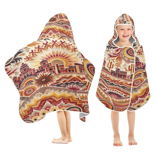 Kigai Southwestern Ikat Kids Hooded Towel, 24x50 in Bath/Pool/Beach Soft Absorbent Hooded Towel Wrap for Toddler Kids