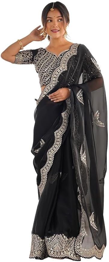 VIBRANCE Women's Tissue Silk Sequin Embroidery Scalloped Border Saree with Unstitched Blouse Piece