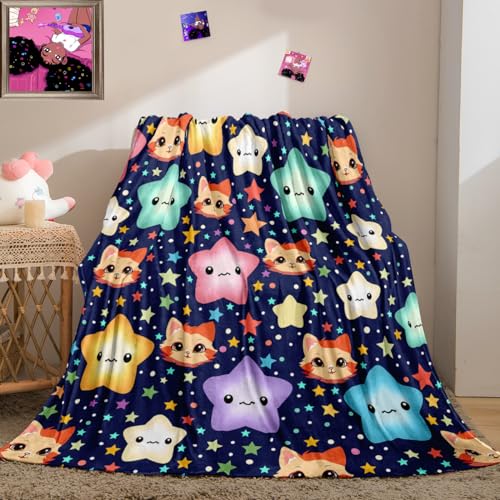Star Blanket for Kids Cat Blanket for Girls Boys Cute Throw Blankets, Star and Cat Print Blanket for Bed Soft Blanket, Star with Cat Blanket for Adults Warm Blanket for Couch, Blue, 50